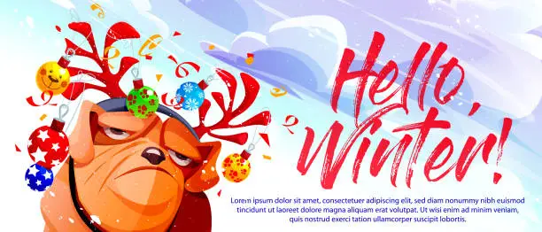 Vector illustration of New Year creative poster with place for text in cartoon style. Funny bulldog with deer antlers and Christmas tree toys on a white background with confetti with a winter landscape.