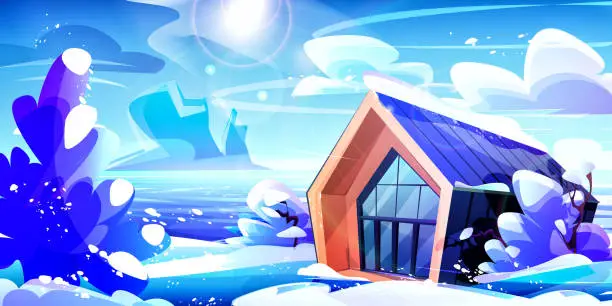 Vector illustration of Country winter holiday concept in cartoon style. A country house, a camp site, a hotel against the backdrop of a sunny winter country landscape with snow-covered trees against the backdrop of a river and mountains.