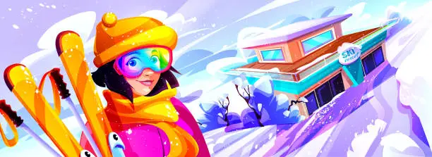 Vector illustration of Speed skiing and winter holiday concept in cartoon style. A young girl skier against the backdrop of a ski resort. Close-up.