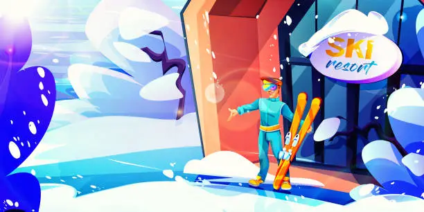Vector illustration of Ski holiday and sports holiday concept in cartoon style. Ski resort in the background of a winter landscape with a young skier in the foreground.