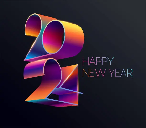 Vector illustration of New year 2024. Colored 3D lettering design. Festive greeting card template.