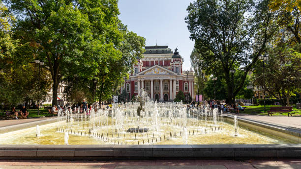 Sofia, Bulgaria - September 22, 2023: The Ivan Vazov National Theatre is Bulgaria's national theatre, as well as the oldest one of the important landmarks of Sofia. It is located in the center of the city, with the facade facing the City Garden.