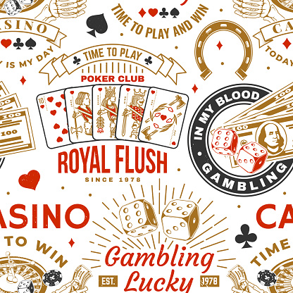 Gambling, casino seamless pattern with wheel of fortune, two dice and skeleton hand holding dollar silhouette. Vector. Concept for casino pattern background or wallpaper