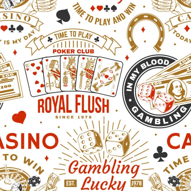 Vector illustration of Gambling, casino seamless pattern with wheel of fortune, two dice and skeleton hand holding dollar silhouette. Vector. Concept for casino pattern background or wallpaper.