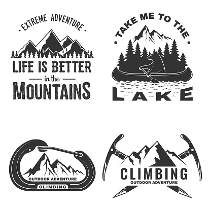 Set of outdoor adventure badge, sticker. Vector illustration. Concept for shirt or logo, print, stamp or tee. Vintage typography design with mountain, bear in canoe, lake and forest silhouette. Summer camp.