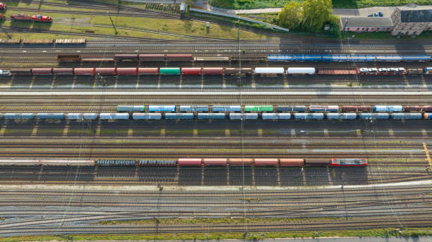 istock Railyard, shunting yard and freight trains - aerial view 1741003791