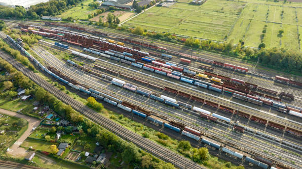 istock Railyard, shunting yard and freight trains - aerial view 1741003908
