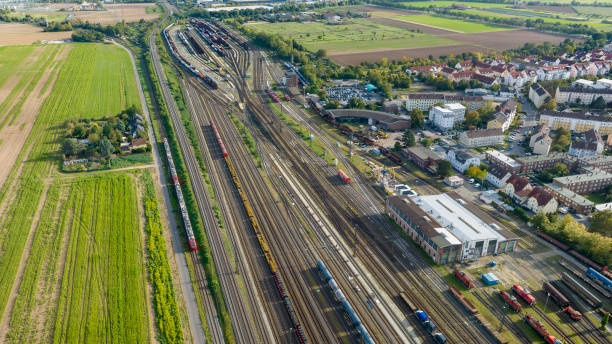 istock Railyard, shunting yard and freight trains - aerial view 1741004336