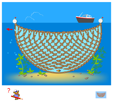 Logic puzzle game with labyrinth for children and adults. Help the fish get out of the fishing nets. Find the way. Worksheet for kids brain teaser book. IQ test. Play online. Vector illustration.