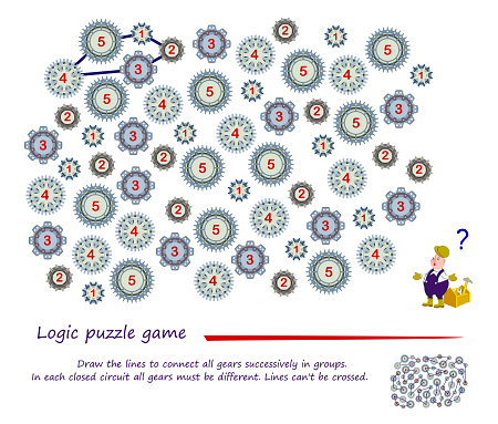 Logic puzzle game. Draw the lines to connect all gears successively in groups. In each closed circuit they must be different. Lines can't be crossed. Brain teaser book. IQ test. Play online.