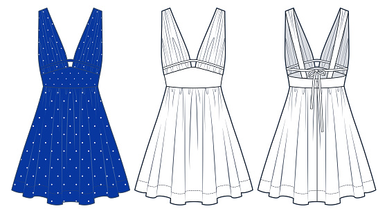 Mini Dress technical fashion Illustration, polka-dot desidn. V-Neck Dress fashion flat technical drawing template, draped, tie, sleeveless, zip-up, front, back view, white, blue, women CAD mockup set.