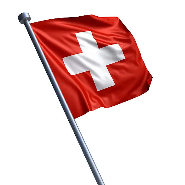Flag of the Swiss Confederation on modern metal flagpole.