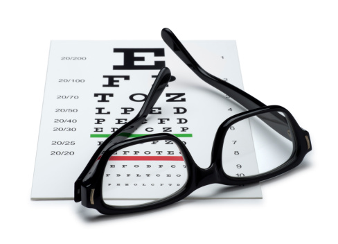 Eye test chart out of focus on white with glasses in foreground