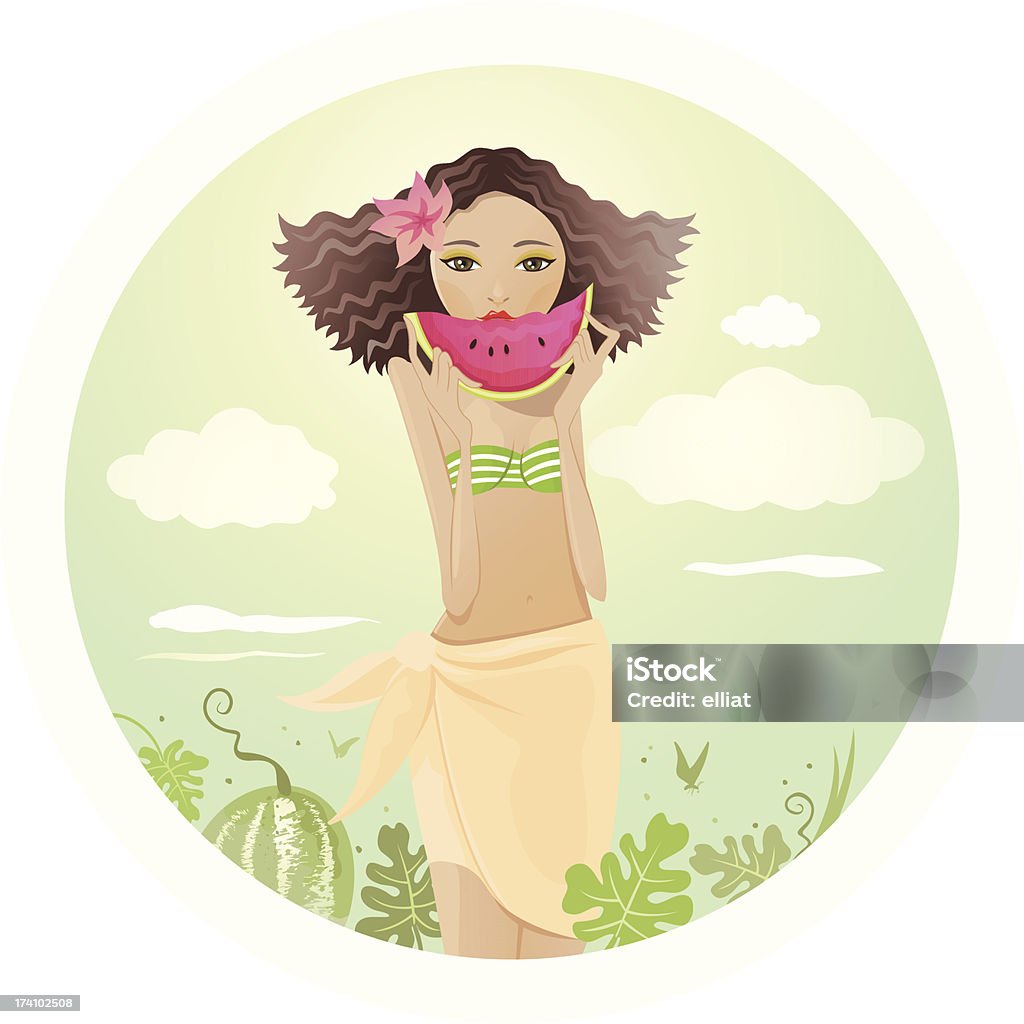 Femme tenant la tranche de pastèque - clipart vectoriel de Adolescent libre de droits