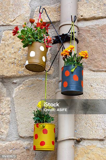 Hanging Flowerpots Made With Cans Stock Photo - Download Image Now - Can, Flower Pot, DIY