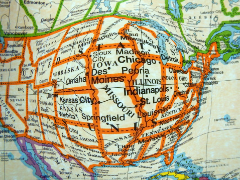 A fish-eye view of the United States showing a bulge in the cemter... conceptual. The original map was made by Map Art Publishing.