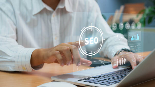 istock Business online presence SEO training and communication with optimization marketing strategy and analytics of worker. Web development and SEO for top search engine rankings 1741046602