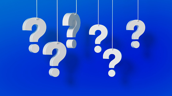 Many question mark hanging on blue background. 3D rendering.