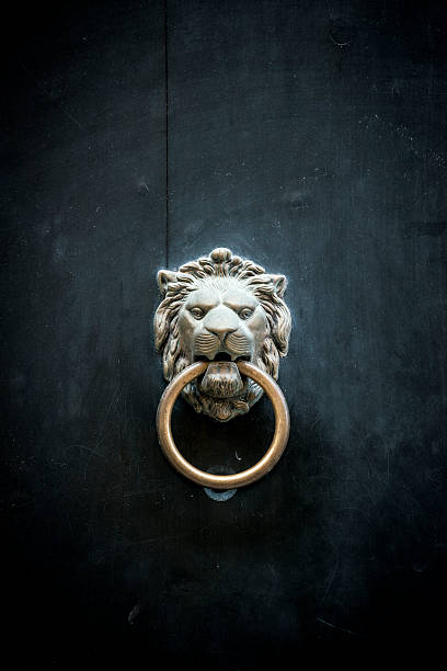 lion llamador de puerta con luz estroboscópica - aldaba fotografías e imágenes de stock