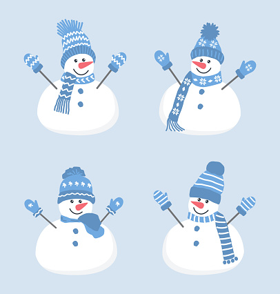 Set of cute snowmen. Four different snowmen in beautiful winter blue clothes. Greeting card template. Vector illustration