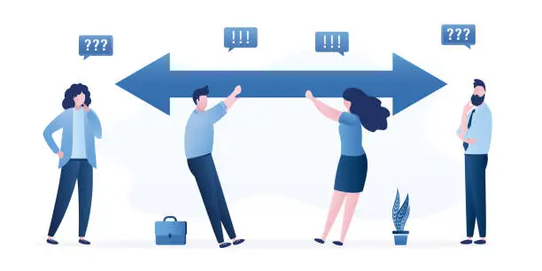 Vector illustration of Difficult negotiations, business people pull the big arrow in different directions. Companies or business persons cannot agree, conflict, impasse. Communication, cooperation concept.