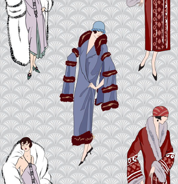 Retro female fashion seamless background Flapper girls (20's style) seamless pattern: Retro fashion background flapper hat stock illustrations