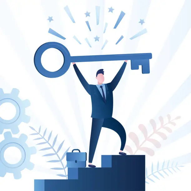 Vector illustration of Confident entrepreneur risen to top and holding big key to secret of success. Ambitious businessman or employee opened the way to victory and climbed to top of career ladder. Business solution.