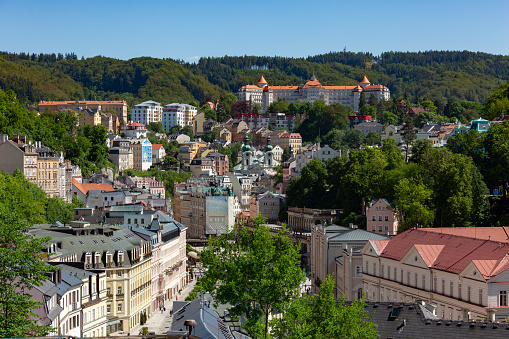 Cityscape of Karlovy Vary in the Czech Republic on a sunny summer day