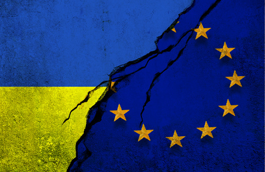 istock Flags of European Union and Ukraine flag together. The conflict between the European Union and Ukraine. 1741084998
