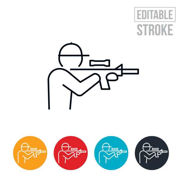 ikona cienkiej linii karabinu celującego policjanta - edytowalny obrys - gun control gun crime vector stock illustrations
