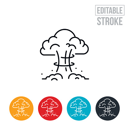 An icon of a nuclear bomb exploding causing a mushroom cloud. The icon includes editable strokes or outlines using the EPS vector file.