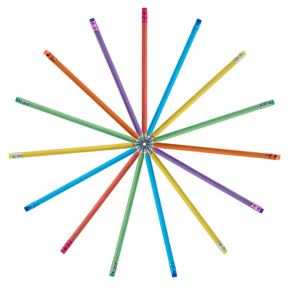 Colored Pencils Made by Recycled Paper arranged in a circle. Environmentally friendly stationary supplies