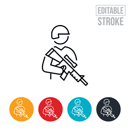 An icon of an armed solder at the ready holding his rifle in hand. The icon includes editable strokes or outlines using the EPS vector file.