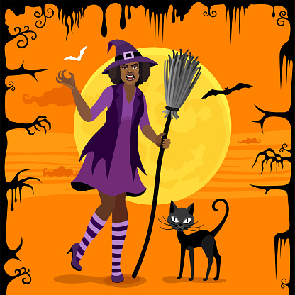 Halloween Angry Witch with Black Cat and Full Moon.