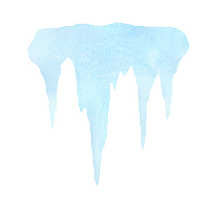 Watercolor blue icicle isolated on a white background, hand-drawn. Winter element for the holiday, design and decoration. Water frozen in the cold is ice. The texture of watercolor on paper.