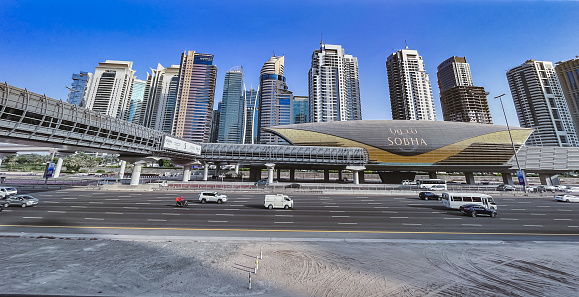 Dubai, UAE. September 27, 2023: view across the road to the Dubai metro station SOBHA