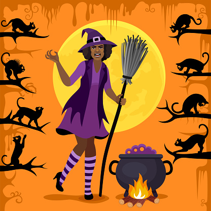 Halloween Angry Witch with Black Cats and Full Moon.