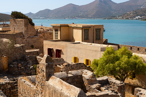 Exterior of building in the Central Market on Spinalonga, Crete, Greece.