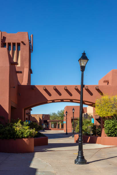 Adobe-style building in Santa Fe, New Mexico. Architectural details.