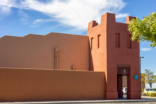 Adobe-style building in Santa Fe, New Mexico. Architectural details.