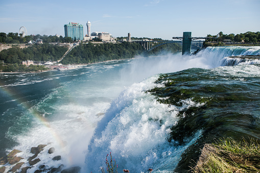 Panoramic aerial view of Niagara Falls, American Falls at sunset in Niagara Falls, Ontario, Canada