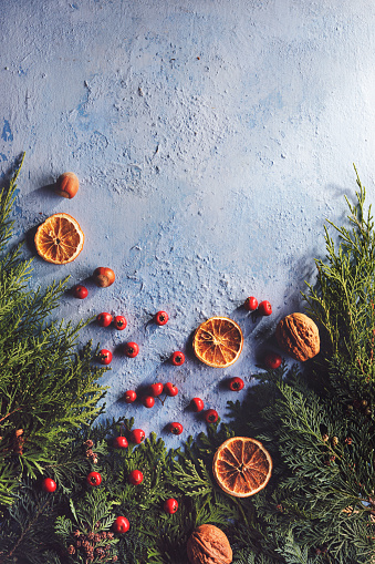 Rustic natural Christmas background with pine tree, dried orange slices and berries