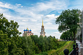 View of the Ryazan Kremlin in summer in sunny weather. Church of the Transfiguration of the Saviour on Year In Ryazan