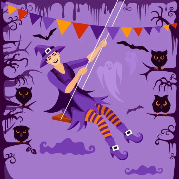 Vector illustration of Halloween Poster. Young Witch Playing on a Swing