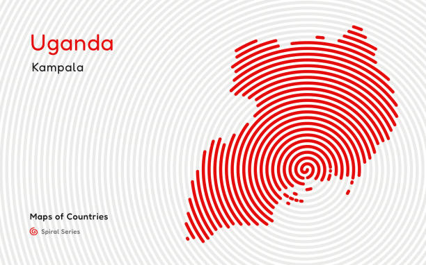 Abstract map of Uganda with circle lines. identifying its capital city, Kampala African set. Spiral fingerprint series colonies map stock illustrations