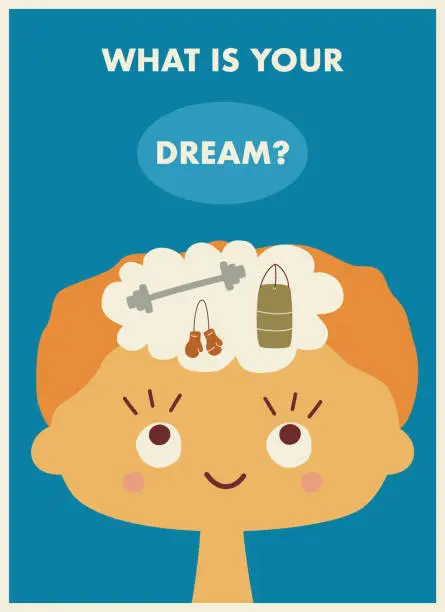 Vector illustration of educational poster with a child dreaming of different sports