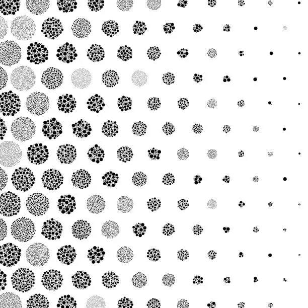 Vector illustration of Horizontally graduated circles filled with non-overlapping dots, creating a size gradient pattern.