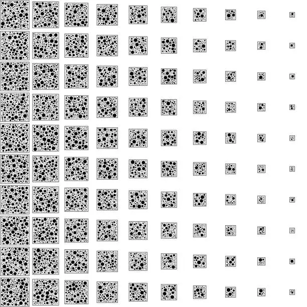 Vector illustration of Horizontally graduated squares filled with non-overlapping dots, creating a size gradient pattern.