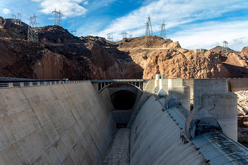 Water channel of the Hoover Dam, on the course of the Colorado River on the border between the states of Arizona and Nevada in the United States of America.
