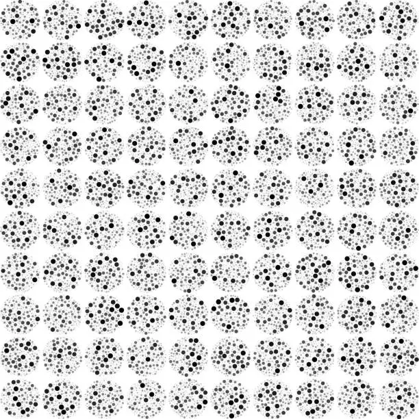 Vector illustration of Pattern of circles filled with non-overlapping dots, color and size variations from black to gray.